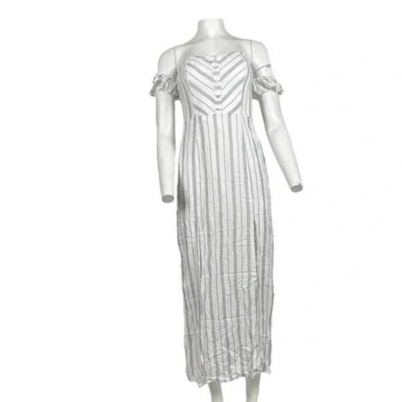 Off The Shoulder Striped Maxi Dress White/Black - Picture 1 of 3